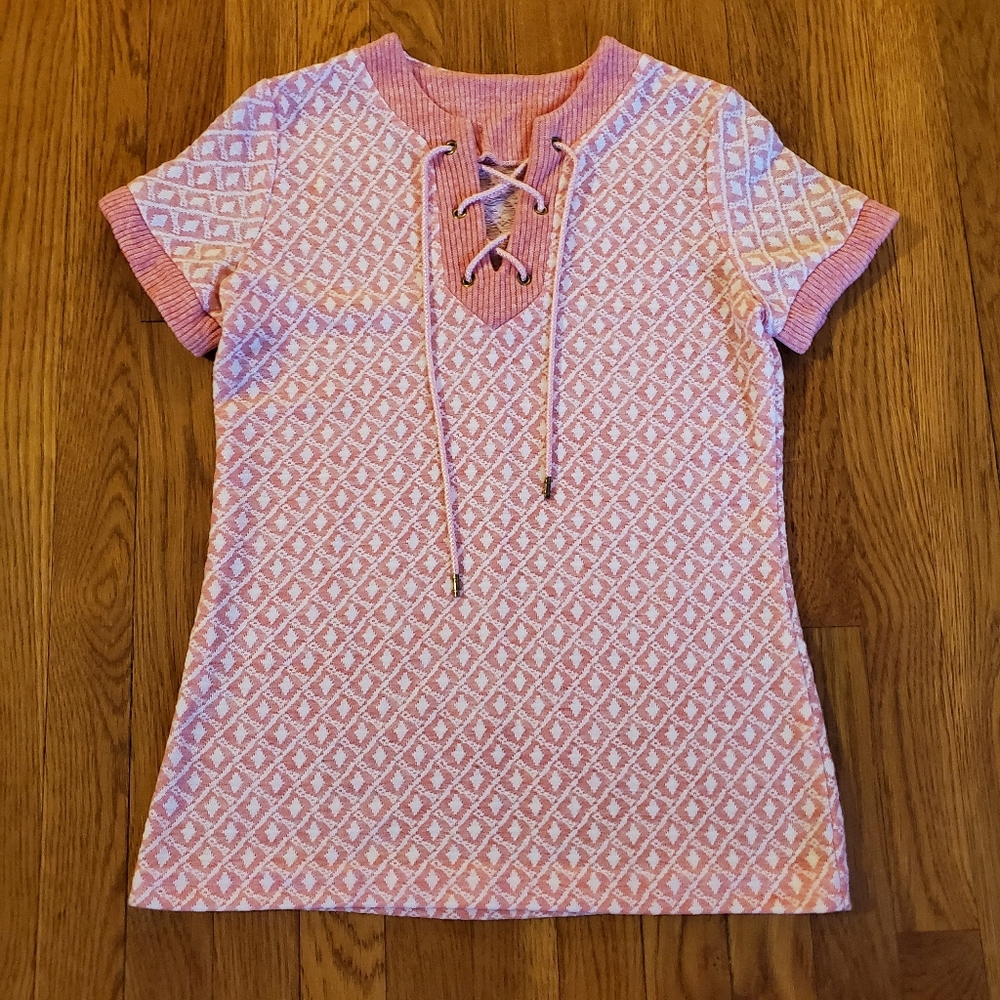 VTG Lace up Knit Top 60s 70s pink Shirt Mod hippie